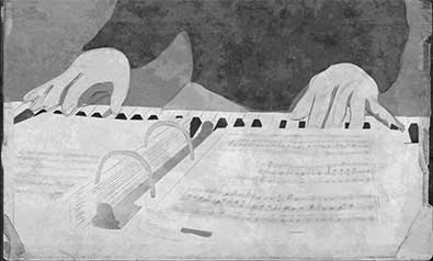 Illustration of Bill Newlin at the piano.